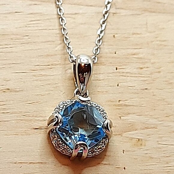 Natural Cushion‎ Sky Blue Topaz 8mm & Cz 925 Sterling Silver Necklace 17" - Picture 8 of 11